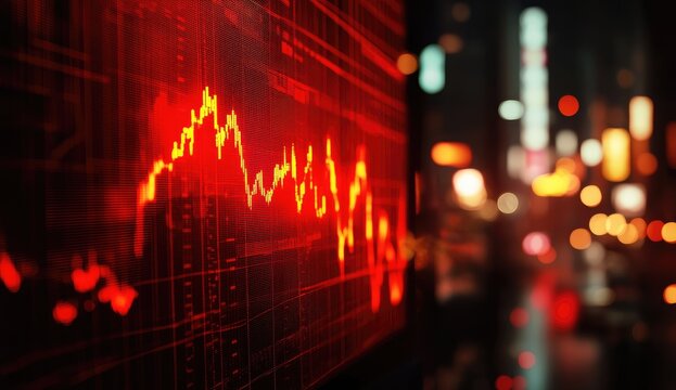 Red stock chart on a screen, city lights blurred background