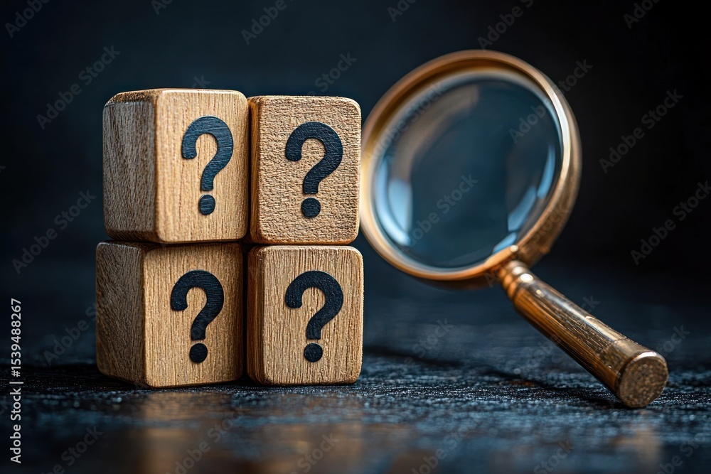 Poster stack of four wooden blocks with question marks beside a brass-framed magnifying glass on a dark sur