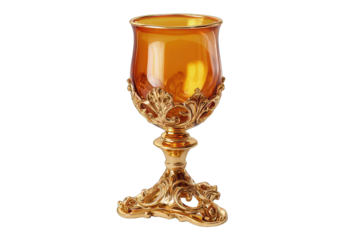 Ornate amber glass goblet on a gold, three-legged base with intricate, swirling designs