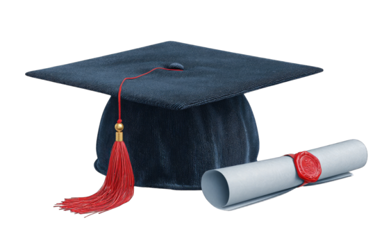 A dark-blue graduation cap with red tassel rests beside a rolled-up diploma sealed with red wax.  The image is clean and crisp, suggesting achievement and completion of studies