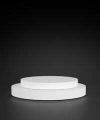 Minimalist white circular podium pedestal on a stark black background. Product display, awards presentation, a clean abstract backdrop, symbolizing promotion, exclusivity, focused presentation now.