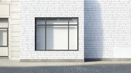 Empty storefront window in a white brick building.
