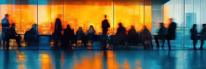 Silhouettes of people gathered inside a modern glass room with a vibrant orange cityscape at dusk reflecting on the polished floor, evoking a contemplative and dynamic atmosphere