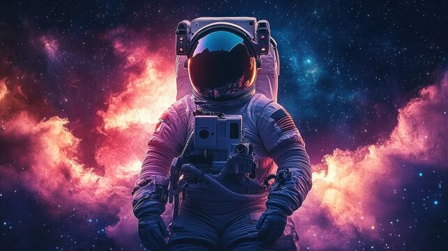 Astronaut floating in vibrant outer space surrounded by glowing nebula clouds and distant stars, evoking a sense of exploration and wonder