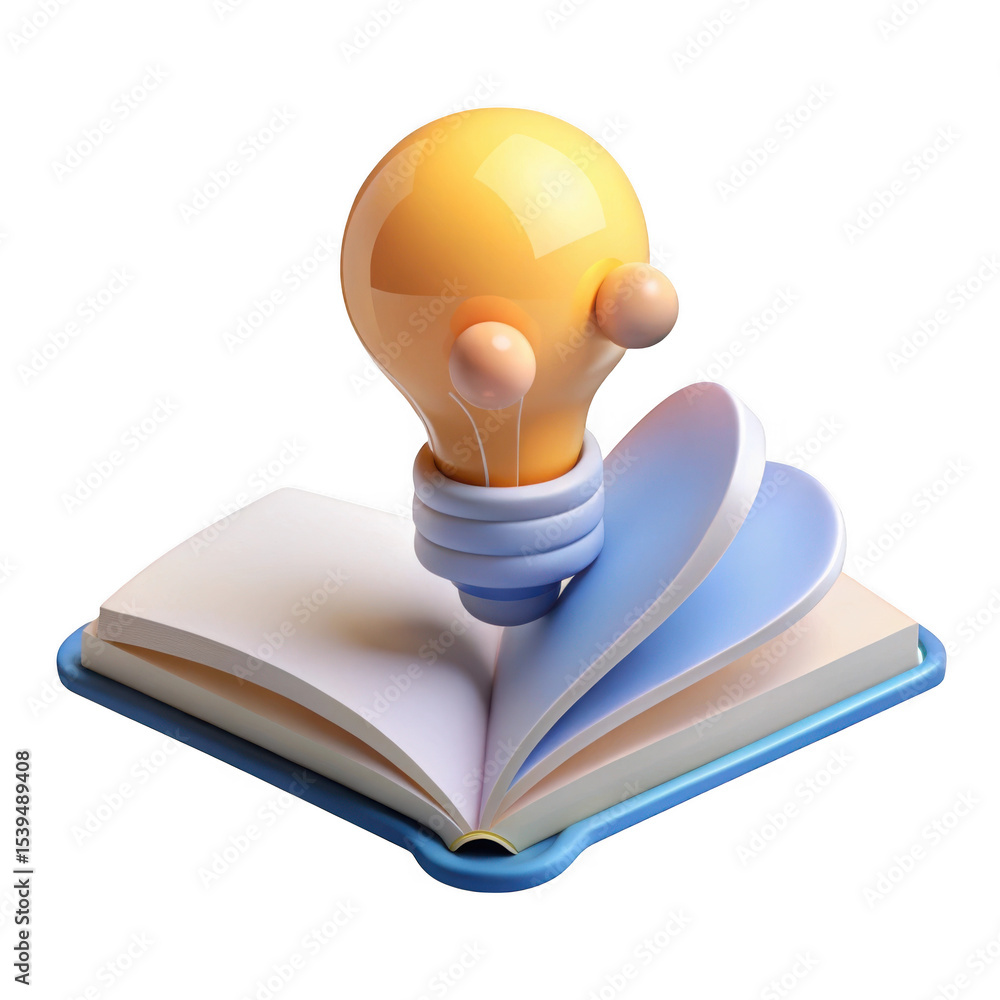 Poster 3d cartoon lightbulb idea emerging from open book isolated on transparent background