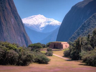 Mountainous vista with ancient structure