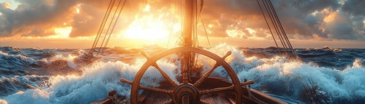 View from ship's helm navigating through rough ocean waves with bright sunrise breaking through cloudy sky, evoking adventure and resilience at sea