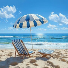 Sunny beach scene with blue and white striped umbrella, matching lounge chair and ottoman on sandy shore with gentle ocean waves under bright blue sky