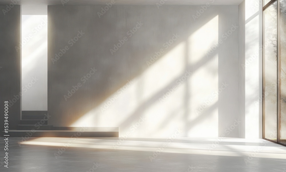 Poster bright empty modern interior space with smooth concrete floor and large windows casting strong natur