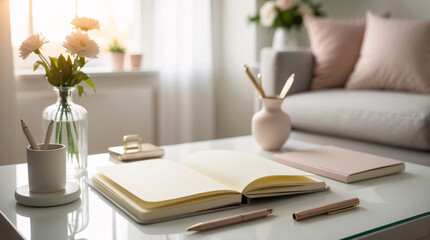 Fototapeta premium sunny modern office photo with white table flatlay journal tools and daylight light source window placement in frame interior design wallpaper background