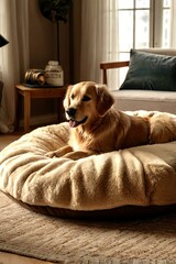 Golden Retriever Dog Resting Comfortably on Plush Bed with Soft Blankets in Cozy Living Room: Warm Ambient Lighting and Stylish Interior Highlighting Pet Comfort and Relaxation