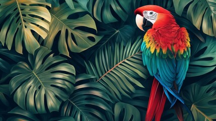 Obraz premium Vibrant scarlet macaw parrot perched amidst lush, tropical foliage.