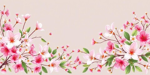 Fototapeta premium Elegant horizontal floral banner, seamless delicate blossoms and foliage intertwined, repeat, seamless