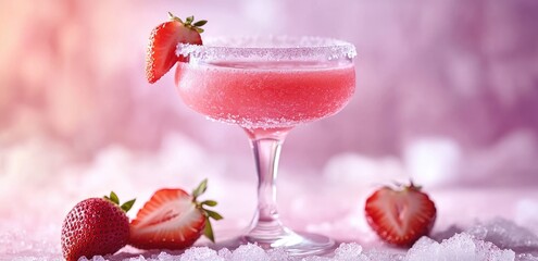Pink strawberry cocktail in a martini glass, garnished with sugared strawberries, on a bed of ice