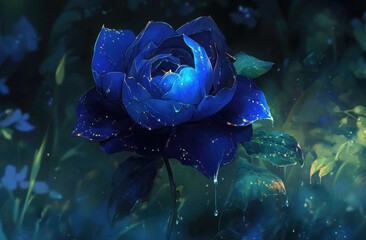 Deep blue rose with gold details in a dark garden