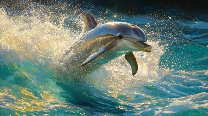 Bottlenose dolphin leaping out of turquoise waters sunlight reflecting off its smooth skin crystal clear droplets frozen in time ultra HD realism © Discover stocks
