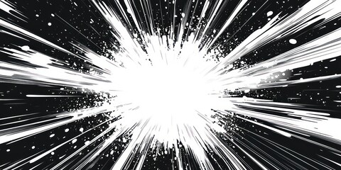 Obraz premium Black and white abstract radial explosion with dynamic streaks and splatters creating a high-energy burst effect