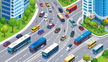 City intersection with traffic jam, and aerial view.