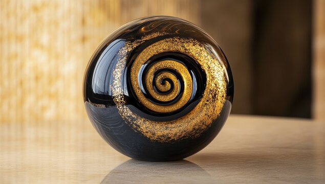 Polished black orb, gold spiral design