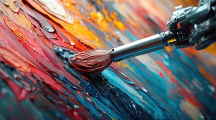Obraz premium robotic arm applying thick colorful oil paint with a brush on a vibrant textured canvas in close-up