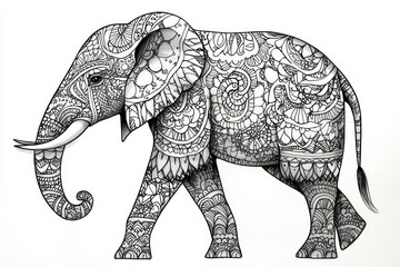Intricately decorated elephant illustration with detailed floral and geometric patterns covering entire body and trunk, conveying artistic complexity and elegance