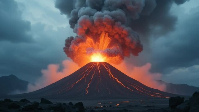 Massive Volcanic Eruption: Explosive Ash Plume and Fiery Lava Flows