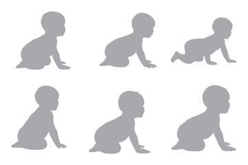 Set Of Child and Babies Silhouettes Illustration Isolated On White Background. Newborn baby child 0-1 year. Vector illustration. EPS 10