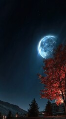 Fototapeta premium Nighttime landscape with a large moon and colorful trees