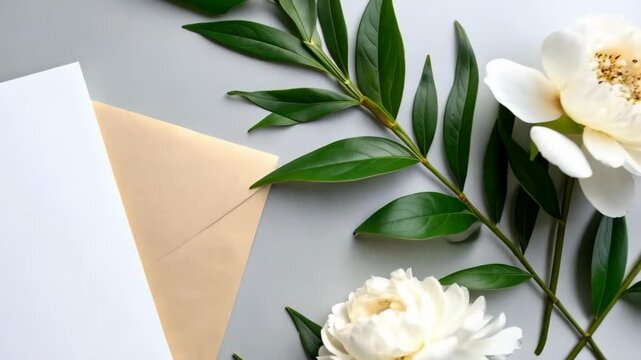 Blank white card with an envelope and white flower on a gray background. Ideal for invitations or wedding stationery.