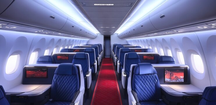 Private jet cabin with rows of luxurious blue and white seats
