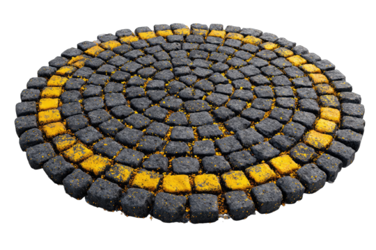 Circular cobblestone pavement with a concentric yellow border.  The dark grey stones are tightly fitted, creating a spiral pattern - Powered by Adobe