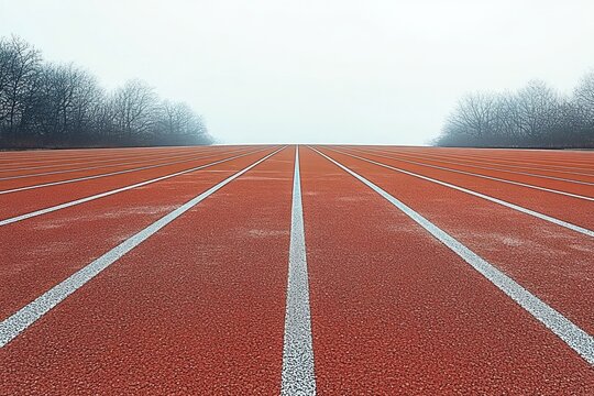 Empty outdoor running track with crisp white lane markings stretching forward under an overcast sky bordered by leafless trees on a foggy day