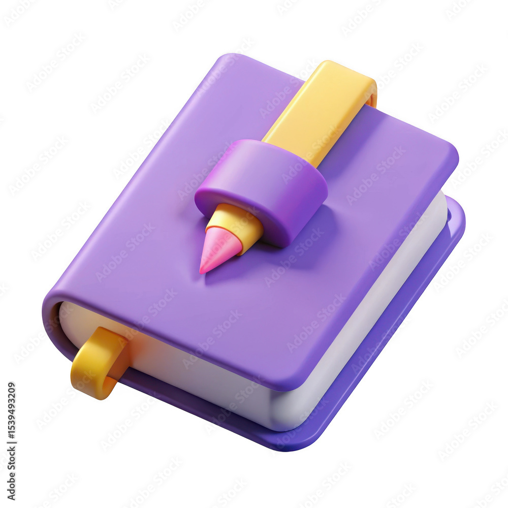 Poster 3d render purple notebook with pencil icon isolated on transparent background