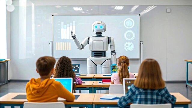 Humanoid robot teaching students with digital screen in modern smart classroom
