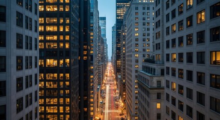 Urban Skyline at Dusk with Illuminated Office Buildings