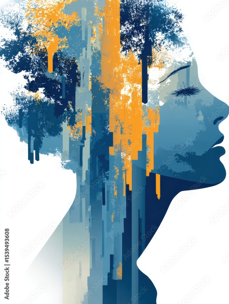 Poster head silhouette with swirling colors and exploding lines symbolizing anxiety and stress