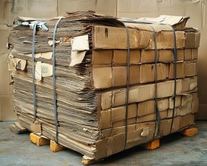 Large stack of flattened and bundled cardboard sheets secured with black straps on a wooden pallet in a warehouse setting