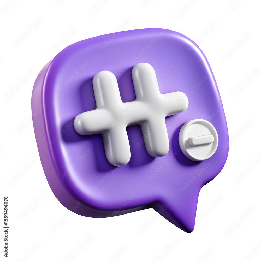 Aufkleber 3d render of purple hashtag speech bubble with mute button isolated on transparent background
