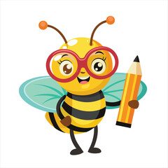 Cute Smart Bee Cartoon with Glasses Holding Pencil for Education and Learning Themes