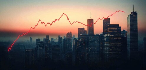 Fototapeta premium Red stock chart line over cityscape at dawn