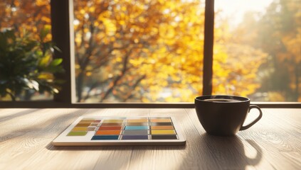 Digital color palette and coffee cup on a wooden table by a window with autumn leaves