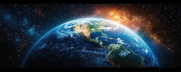 View of Earth from space showing North and South America with a bright sunburst and stars in the background conveying vastness and beauty of the planet