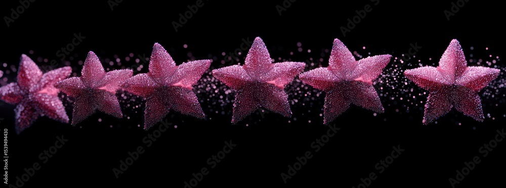 Poster row of vibrant pink star-shaped objects covered in tiny droplets against black background creating a