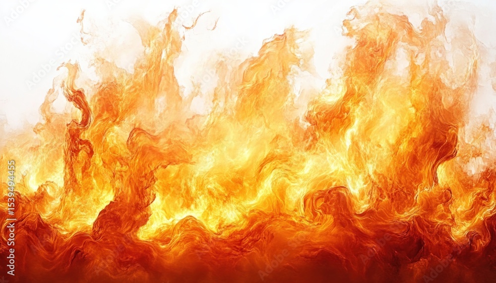 Poster intense swirling bright orange and yellow flames creating dynamic fire patterns with white backgroun