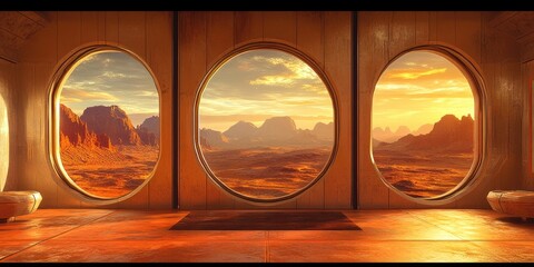 Three oval windows display a desert landscape at sunset, viewed from a room with wooden walls and a terracotta floor