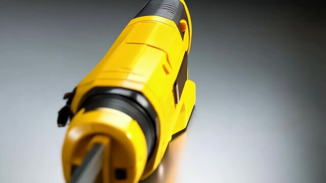 Close up of a reciprocating saw tool with a yellow housing showing the blade and black accents on a dark background.