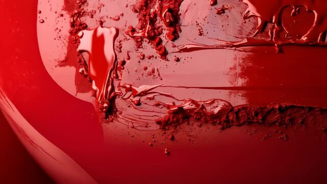 Close-up of a square painting brush covered with dripping bright red paint, against a background of vibrant, textured red paint