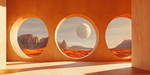 Desert landscape viewed through circular windows of an orange building, large moon in sky