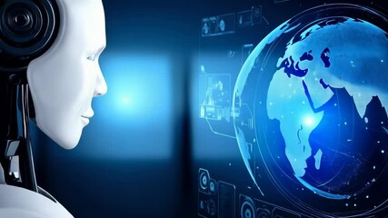 Artificial intelligence robot looking at futuristic digital holographic Earth globe interface with data panels on deep blue background - Powered by Adobe