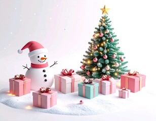 Isometric Pastel Christmas Scene with Tree, Gifts, Snowman, and Falling Snow on White Background